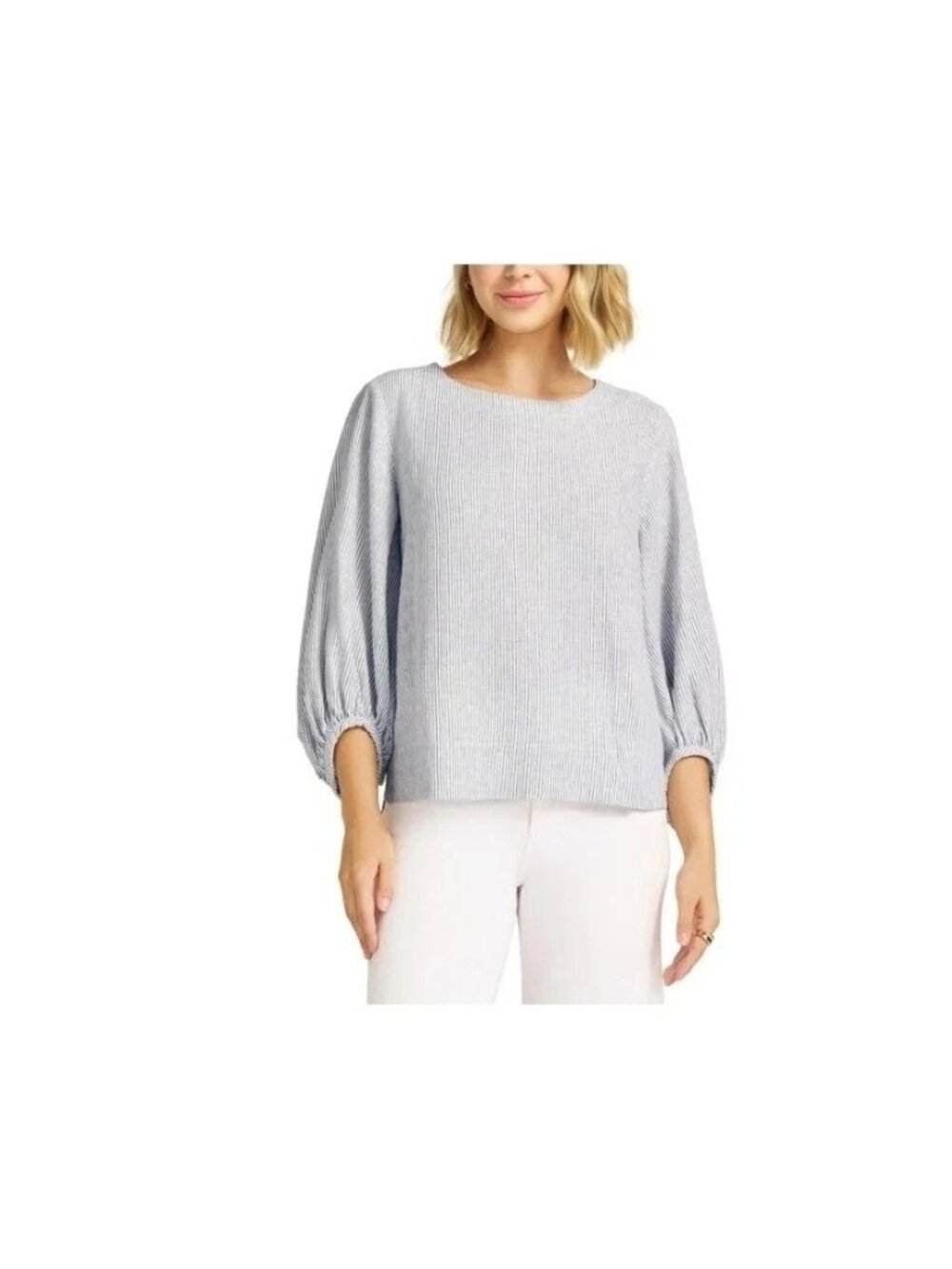 Matty M Womens Striped Balloon Sleeve Top Linen Blend XL Blue & White